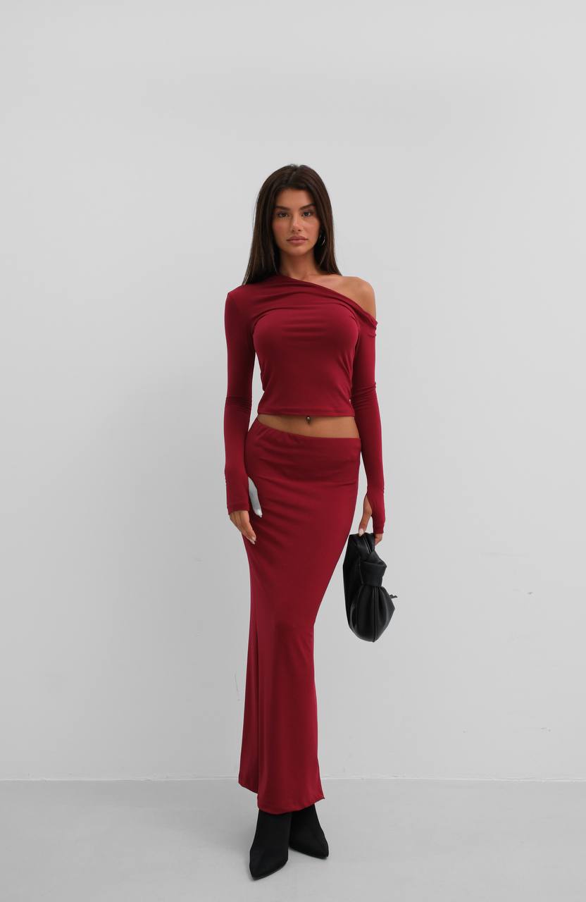 One shoulder draped blouse with low waist long skirt